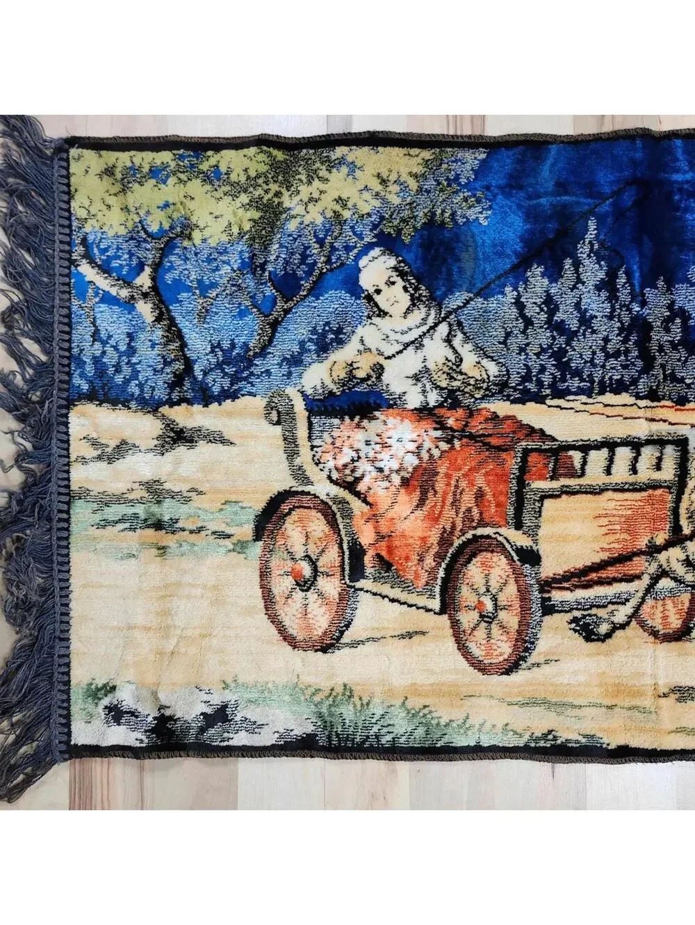 Vintage Tapestry Rug with Deer and Carriage Scene